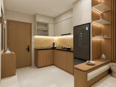Khu bếp chữ L căn mẫu A2 với tủ gỗ kịch trần