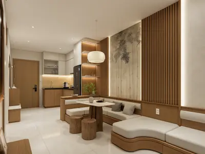Phòng khách liền bếp căn mẫu A2, ốp gỗ và ánh sáng hắt