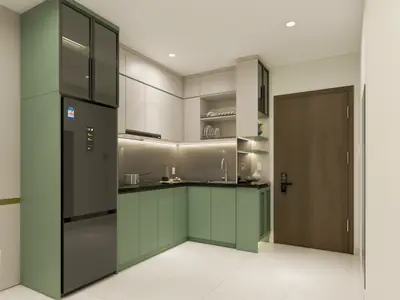 Bếp căn mẫu B1 với tủ xanh rêu và tủ lạnh âm