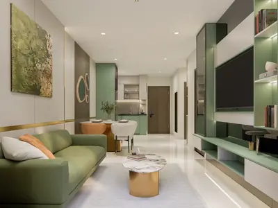 Ghế sofa xanh và mảng tường trang trí trong căn mẫu B1