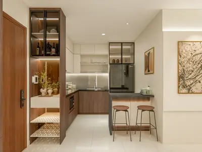 Bếp và quầy bar căn mẫu B7 với tủ gỗ óc chó