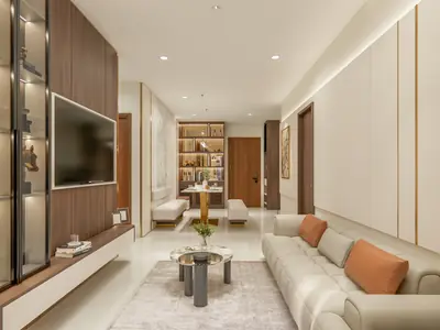 Mảng tường tivi ốp gỗ trong căn mẫu B7