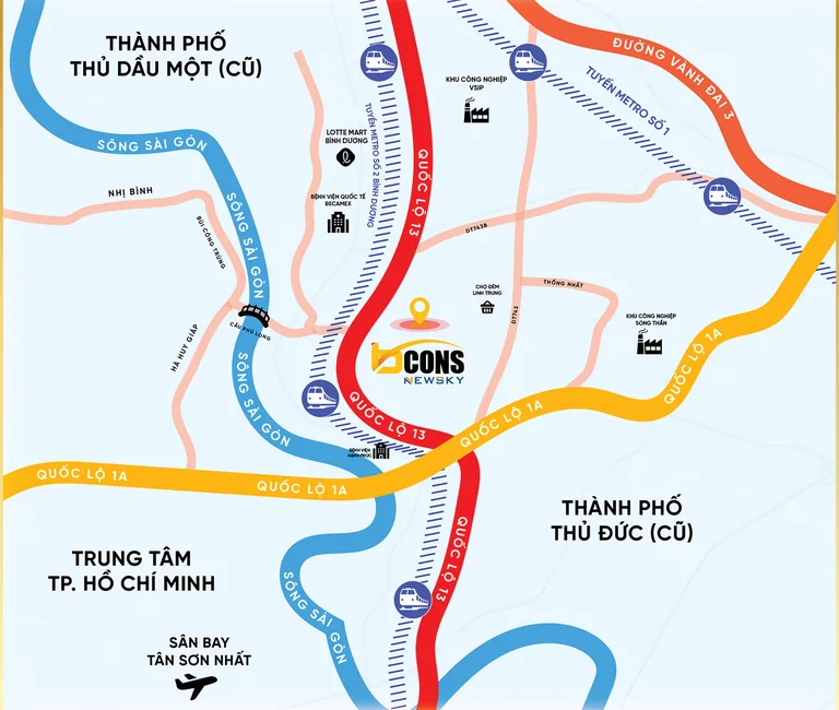 Bản đồ vị trí Bcons NewSky trên Quốc lộ 13, giữa Thủ Dầu Một và Thủ Đức