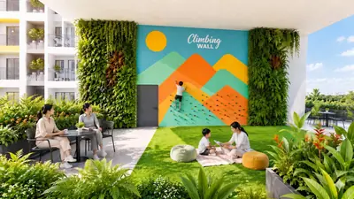 Bức tường leo núi và khu vui chơi trẻ em giữa mảng xanh