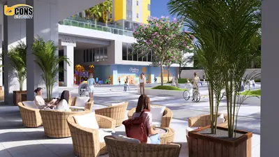 Khu ghế mây ngoài trời trên sân dưới chân toà