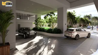 Lối xe vào toà nhà có mái che và cây xanh