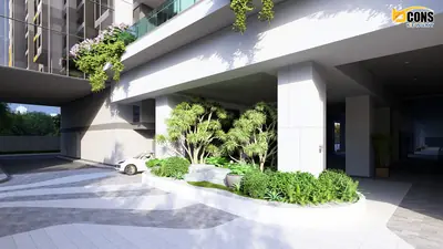 Không gian có mái dưới khối đế, trồng cây xanh